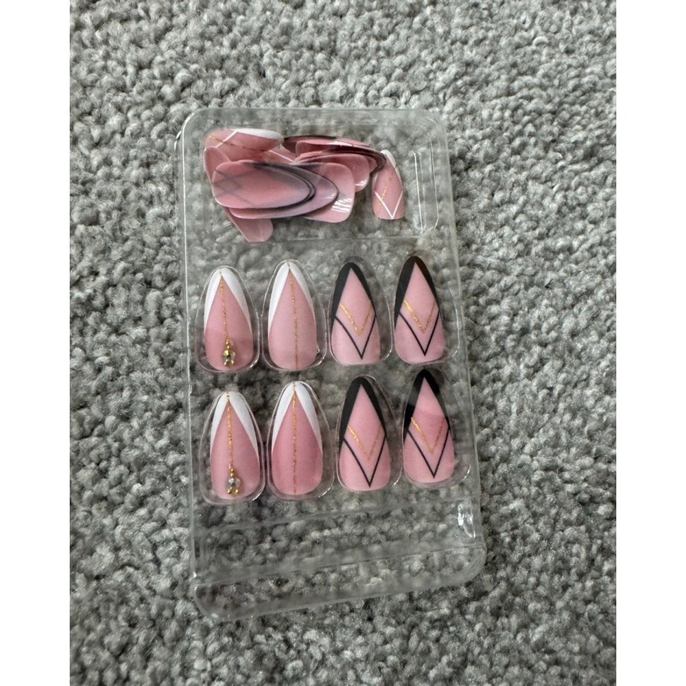 Pink French Oval Press On Nails 24pc Set Black Chevron Gold Glitter NEW